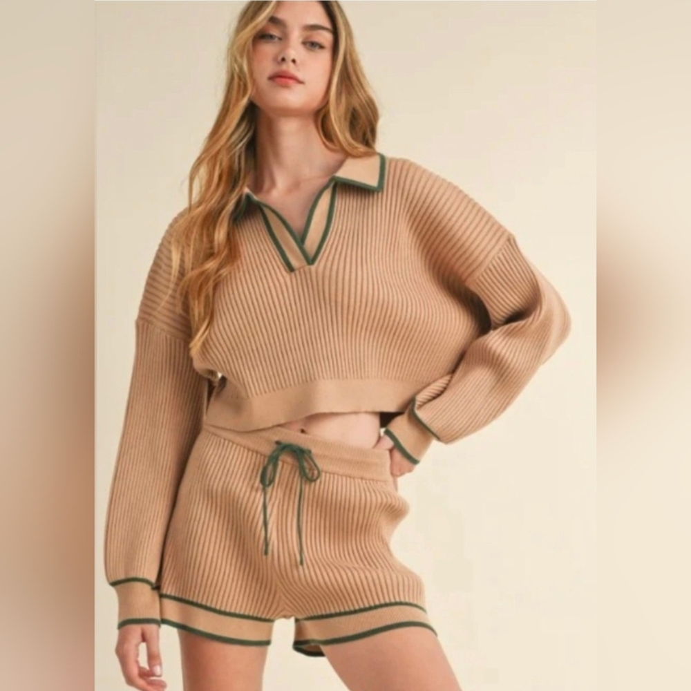 MABLE Anthropologie Tan Knit Women Shorts Set